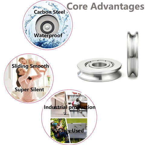 20 Pack Mini V Groove Ball Bearings Pulleys 4x13x6mm showing carbon steel and features like waterproof and smooth sliding.