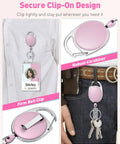 Pink 2 Pack Heavy Duty Retractable Badge Reel With 24 Inch Nylon Rope Carabiner Clip And Key Ring ABS Casing With Stainless Steel Spring Strong Retraction for ID badges, keys, and access cards shown clipped to a shirt and jeans showcasing firm belt clip and robust carabiner.