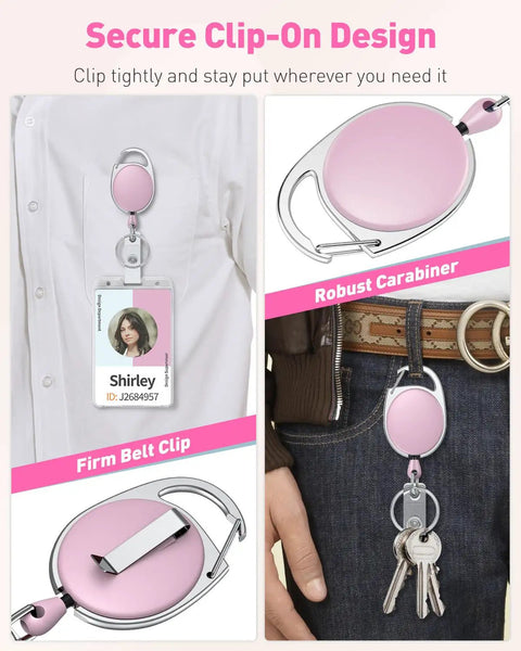 Pink 2 Pack Heavy Duty Retractable Badge Reel With 24 Inch Nylon Rope Carabiner Clip And Key Ring ABS Casing With Stainless Steel Spring Strong Retraction for ID badges, keys, and access cards shown clipped to a shirt and jeans showcasing firm belt clip and robust carabiner.