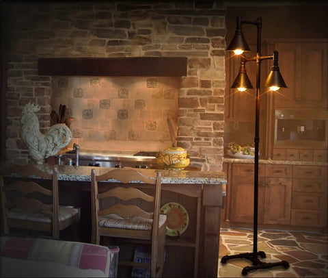 Living room with Retro Edison LED Bulb 4W 450 Lumens 2700K warm white in a vintage floor lamp illuminating rustic decor.