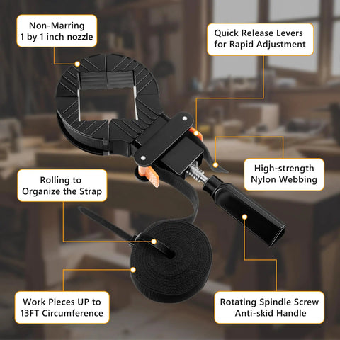 Beefy 13 Ft Woodworking Belt Band Clamps With Quick Release For Glue Ups And Picture Frames, 4 Corner Claws, thick sturdy nylon belt