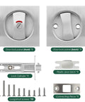 Keyless Privacy Pocket Door Lock With Visual Indicator For Bedroom And Bathroom Sliding Doors Square Handle Rust Proof Zinc Alloy Hardware For Interior Doors Easy Install And Smooth Quiet Operation components including panels, lock cylinder, plastic latch, screws, and connecting piece.