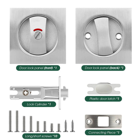 Keyless Privacy Pocket Door Lock With Visual Indicator For Bedroom And Bathroom Sliding Doors Square Handle Rust Proof Zinc Alloy Hardware For Interior Doors Easy Install And Smooth Quiet Operation components including panels, lock cylinder, plastic latch, screws, and connecting piece.