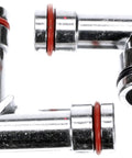 Aluminum Heater Hose Fittings With O Rings Beefy Upper And Lower Aluminum Elbow Connectors Durable Replacement Kit 2 Pack OE Fix Compatible For Select Vehicle Models, showing two aluminum elbow connectors with red O-rings, angled view.