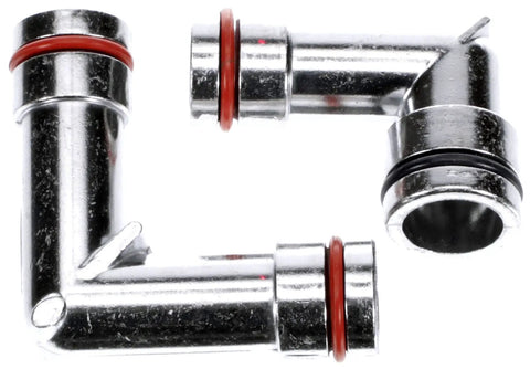 Aluminum Heater Hose Fittings With O Rings Beefy Upper And Lower Aluminum Elbow Connectors Durable Replacement Kit 2 Pack OE Fix Compatible For Select Vehicle Models, showing two aluminum elbow connectors with red O-rings, angled view.