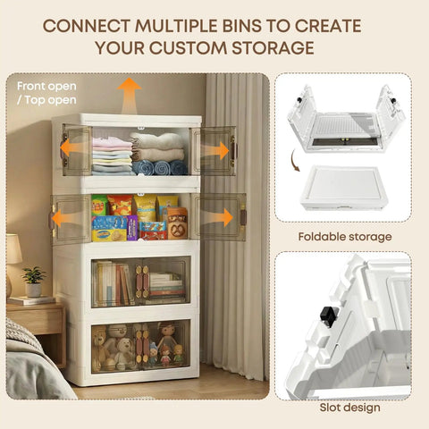 140Qt Stackable Plastic Storage Bins With Lids And Handles, Foldable Closet Organizer With Magnetic Doors, 4-Tier Design