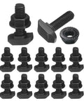 12 Piece Heavy Duty M6 T Slot Drop In Bolts Black Carbon Steel Hammer Head Sliding Screws With Hex Flange Nuts laid out in a grid.
