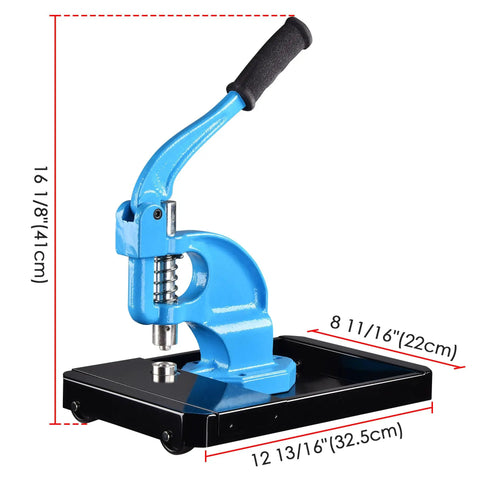 Grommet Tool Kit Beefy Heavy Duty Set With 3 Die Hand Press Grommet Machine, blue frame, rolling base, measurements shown
