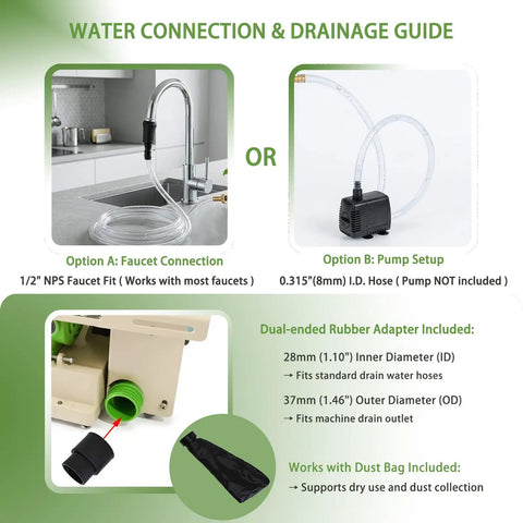 Heavy Duty 1380W Lapidary Saw Kit With Water-Cooled Table drainage setup options and rubber adapter instructions.