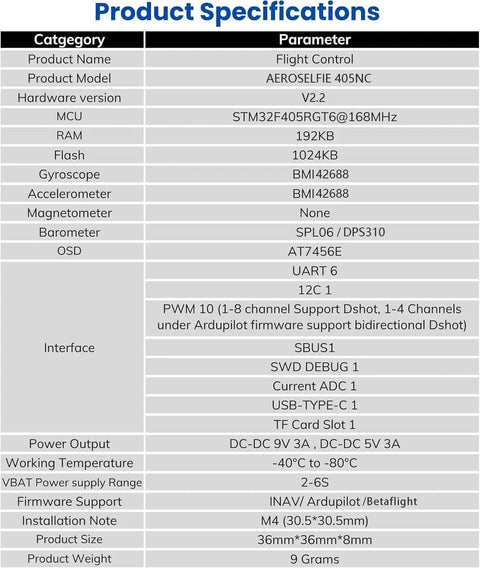 Product specifications of Selfie Ready Drone Flight Controller F405NC Pro Grade Rig With BMI42688 IMU SPL06 DPS310 Barometer OSD 6 UARTs 10 PWM Outputs BEC 5V 9V MicroSD Slot Supports Betaflight ArduPilot INAV 2-10S LiPo.