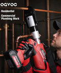 Professional using Cordless Copper Pipe Press Tool Kit With Six VUS Jaws For One Half To Two Inch Fittings in plumbing work.