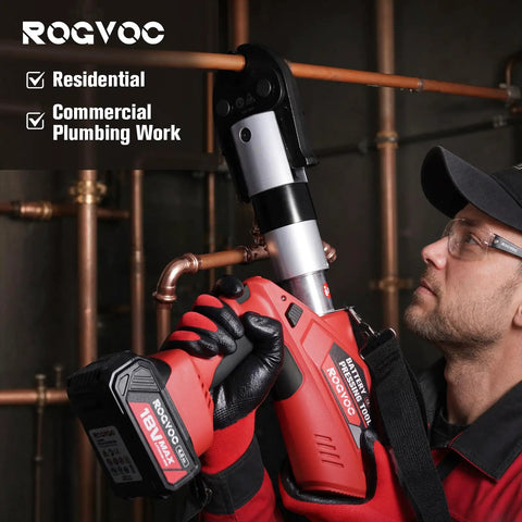 Professional using Cordless Copper Pipe Press Tool Kit With Six VUS Jaws For One Half To Two Inch Fittings in plumbing work.