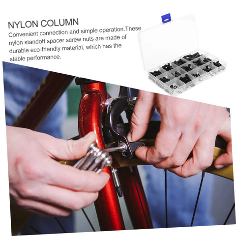 2 Sets Nylon Standoff Spacer Assortment Kit Featuring Heavy Duty Machine Screws Nuts And PCB Mounting Hardware For Versatile Electronics Sensor Assembly And Head Fixing Projects With High Hardness Build, shown with toolkit on bicycle.