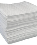 Heavyweight Oil Absorbing Pads For Garage Workshop Clean Up Oil Only Absorbent Mats 15 X 20 Inches Pack Of 50 stacked neatly.