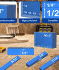 Heavy Duty 15 Piece Aluminum Setup Blocks And Height Gauge Set Featuring Precision Router Table Bars With Dead On Size Markings, showing gauge sizes and precision details.