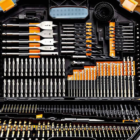 Massive 246 Piece Drill Bit and Driver Set With Compact Fold Out Case showing various drill bits arranged neatly inside.
