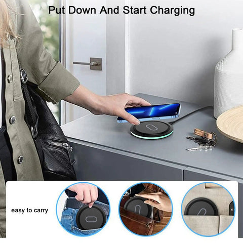 Person using High Speed Wireless Charging Pad For Galaxy S Series And Pixel Phones 15W Fast Charge Case Friendly Qi Charger Station with QC Adapter on desk