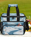 Insulated Picnic Backpack With Large 12x8.7x10 Inch Capacity on picnic blanket, winter landscape design, portable food cooler bag.