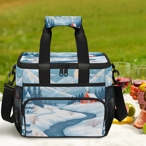 Insulated Picnic Backpack With Large 12x8.7x10 Inch Capacity on picnic blanket, winter landscape design, portable food cooler bag.