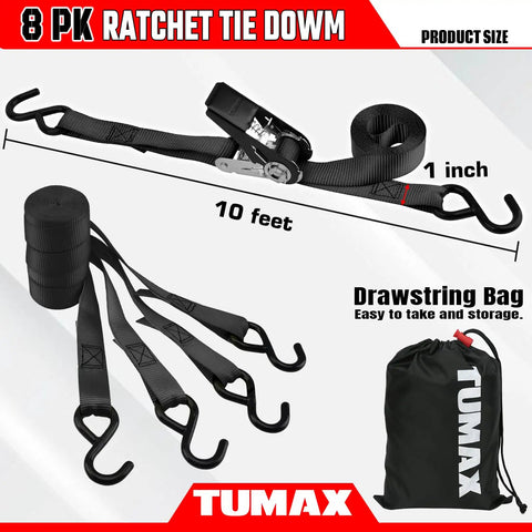 Heavy Duty 8 Pack Ratchet Tie Down Straps 1 Inch by 10 Feet Rock Solid Lockdown System for Trucks ATVs Motorcycles and Kayaks Featuring 300 Lbs Working Load Limit with Hooks and Storage Bag