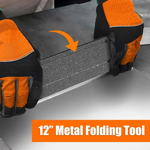 Person using Pro Grade Heavy Duty 12 Inch Sheet Metal Bender Tool With Dual Folding Depths 3/8 Inch And 1 Inch