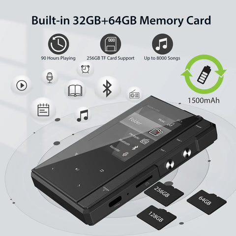 32GB MP3 Player With 90 Hours Battery Life, Bluetooth 5.0, rugged metal frame, 2.4 inch IPS display, expandable to 256GB, side view