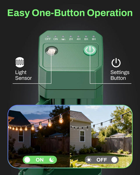Easy operation controls on outdoor power stake timer with six outlets, 100 feet wireless remote, dusk to dawn sensor displayed.