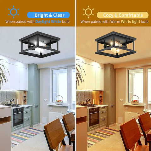 Two Light Flush Mount Ceiling Light Fixture For Farmhouse Industrial Vintage Style In Kitchen with bright and warm lighting