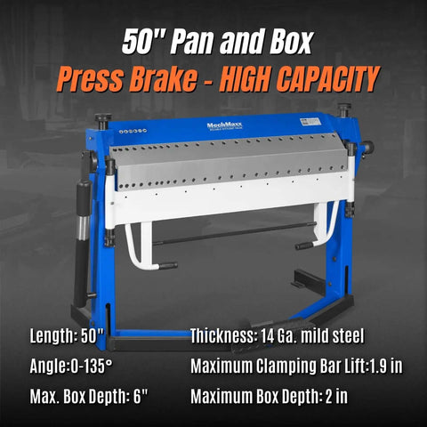 50 Inch Foot Clamp Pan And Box Brake For Sheet Metal Folding, heavy duty industrial metal bender with 0-135 degree bend angle