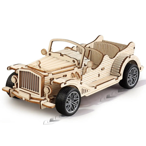 3D Wooden Puzzle Car Model Kit for Adults, Vintage Pull Back Car Build Set With 65 Parts, Easy 1 to 2 Hour Assembly, Classic Retro Auto Design for Hobbyists and Collectors, front view