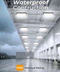 Warehouse interior with installed Upgraded Square UFO LED High Bay Lights 200W With 30000LM 5000K Daylight, IP65 Waterproof rating.