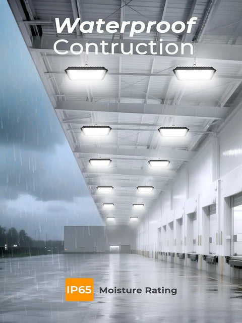 Warehouse interior with installed Upgraded Square UFO LED High Bay Lights 200W With 30000LM 5000K Daylight, IP65 Waterproof rating.