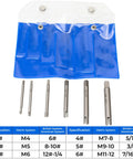 Six Piece Tap Extractor Set For Stripped Screws And Bolts, High Speed Steel Three Quarter Inch Flute Remover Tool with specification chart.
