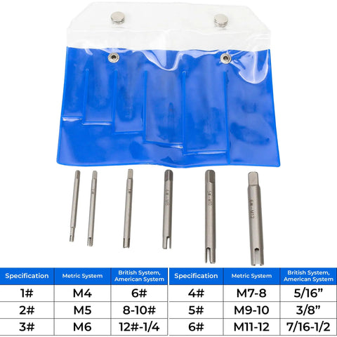 Six Piece Tap Extractor Set For Stripped Screws And Bolts, High Speed Steel Three Quarter Inch Flute Remover Tool with specification chart.