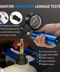 Heavy Duty 31 Piece Coolant Pressure Tester Kit with blue pump gauge, aluminum alloy hand pump, pressure relief valve, and hose for cooling system diagnostics.