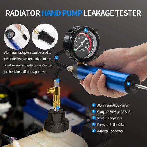 Heavy Duty 31 Piece Coolant Pressure Tester Kit with blue pump gauge, aluminum alloy hand pump, pressure relief valve, and hose for cooling system diagnostics.