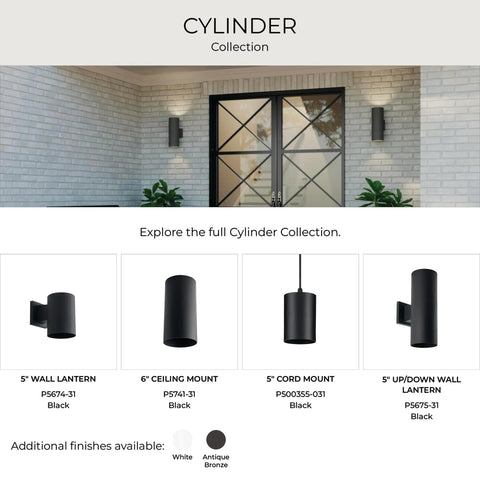 Super Cool And Sleek Modern Six Inch Cylinder Outdoor Ceiling Light One Light Flush Mount Perfect For Interior Or Exterior Porch And Home In Black Aluminum With Minimalist Sophisticated Style, shown in a collection with black aluminum finish, wall lanterns, and cord mount options.