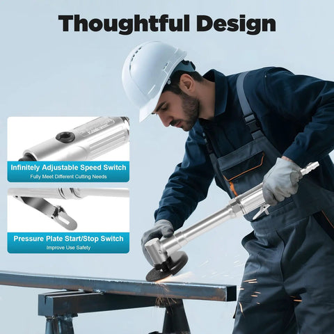 Worker using 12.2 Inch Extended Reach Pneumatic Angle Grinder With 90 PSI Air Power And 25000 RPM For Tight Spots Lightweight 1.54 lbs