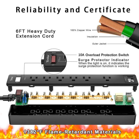 Six Outlet Power Strip With Three USB Ports, 6 Ft Cord, 1680J Surge Protector, Widely Spaced Outlets, USB A And USB C Fast Charge, Overload Shield, Great For Desk, Home Office, And Entertainment Setup, black power strip with 6 ft heavy-duty cord and flame-retardant housing