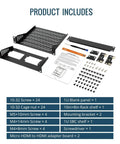 Components of Straight Up Slick 6U Mini Server Rack 10 Inch Desktop Network Cabinet with various screws and accessories.