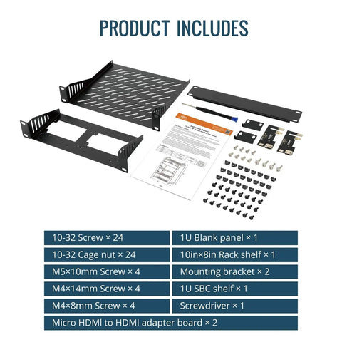 Components of Straight Up Slick 6U Mini Server Rack 10 Inch Desktop Network Cabinet with various screws and accessories.