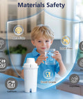 Child holding glass with Six Pack Replacement Water Filters for Pitchers and Dispensers, showing BPA and lead free features.
