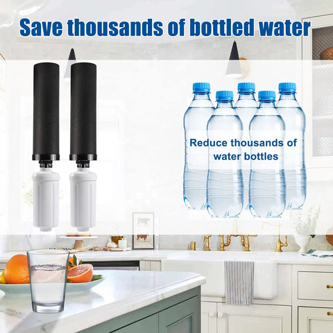 Fluoride Water Filter Replacement For Gravity Filtration Systems PF2 Style Top Notch Filtration shown beside water bottles