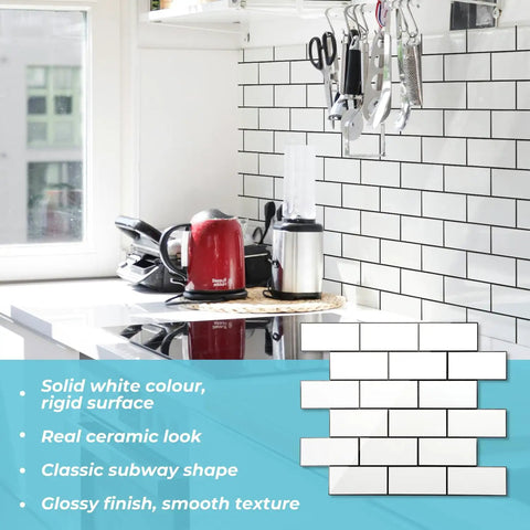 Subway Tile Peel And Stick Backsplash Kit With 10 Sheets In Polished White Ceramic Look Wall Tiles shown in modern kitchen