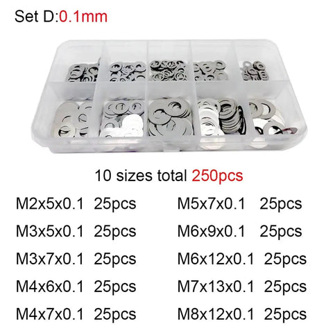 Ultra Thin Stainless Steel Flat Washer Set DIN 988 M2 M3 M4 M5 M6 M7 M8 0.3mm Thick 250 Pcs Corrosion Resistant Shim Gasket Assortment Kit with 10 sizes in plastic organizer