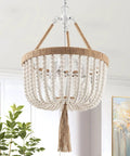 Boho Farmhouse Wood Beaded Pendant Light Fixture With Fringed White Beads 3 Light Rustic Chandelier For Bedroom Or Dining Room Hand Knotted Rope Detail