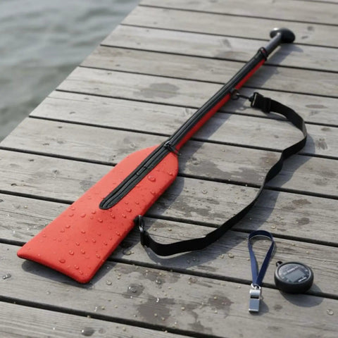 Pro Grade Paddle Bag For Boats With Quick Rapid Evaporation Tech Keeps Paddles Dry on wooden dock with stopwatch and whistle