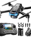 Drone With Camera And Built In Screen On Controller For Beginners with foldable design, remote, batteries, and accessories shown.