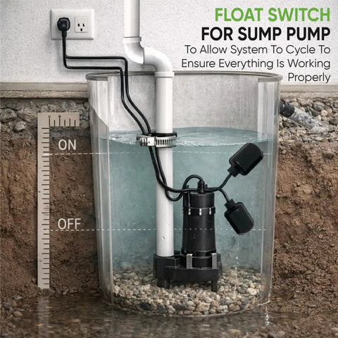 Beefy Universal Sump Pump Tethered Float Switch Replacement with piggyback plug installed on sump pump for water level control