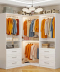 Game-Changing Modular Closet System With 6 Wooden Drawers And Corner Config, Heavy-Duty Walk-In Wardrobe Organizer With 7 Hanging Rods, displaying organized clothing and accessories.